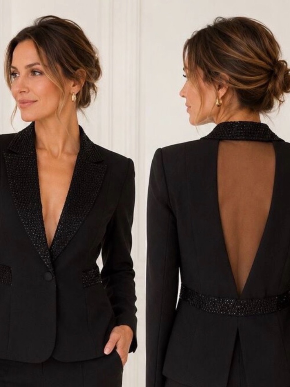 JS Collections Black Sequin Toxedo Lapel Blazer in size 10P